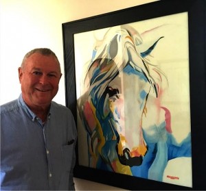 Dana Rohrabacher Representative (R-CA 48th District) since 1989 poses with Michael Pelletier's portrait of Clemency at the home of Amy Povah
